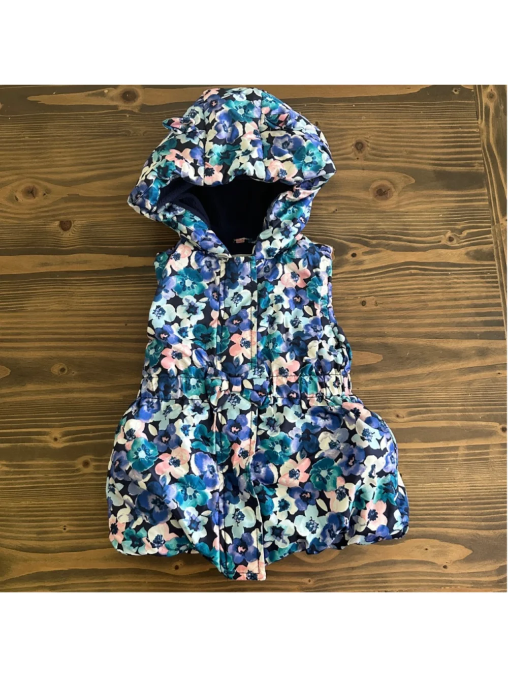 Kids Gymboree Puffer Vest 5T Blue Pink Floral Fleece Hood Bow Waist